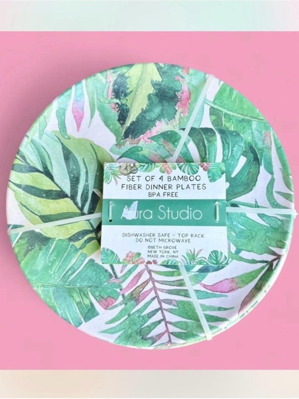 NWT ~ Aura Studio Green Tropical Leaf Bamboo Dinner Plates (Set of 4)